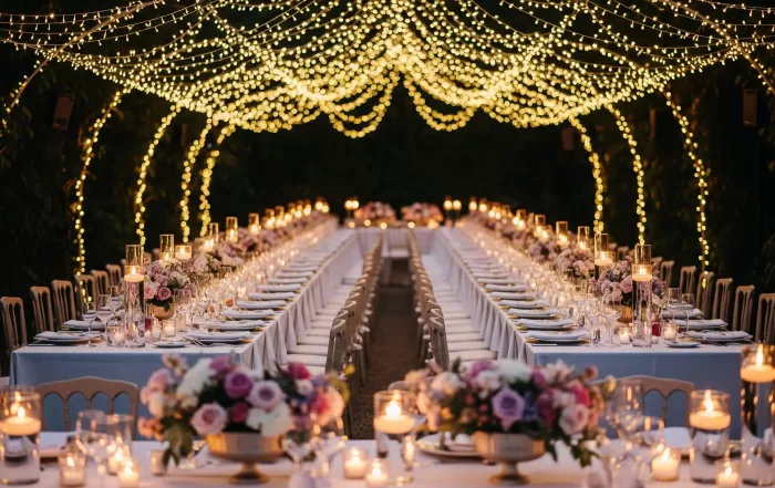 Wedding decoration with pastel florals and twinkle lights at dusk creating an intimate atmosphere