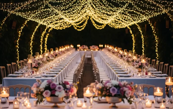 Wedding decoration with pastel florals and twinkle lights at dusk creating an intimate atmosphere