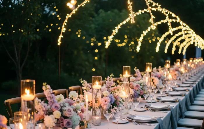 Wedding decoration with pastel florals and twinkle lights at dusk creating an intimate atmosphere
