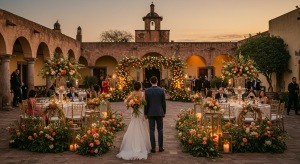 Luxury destination wedding scene in San Miguel de Allende, featuring elegant floral installations, warm lighting, and historic hacienda architecture, representing 2026 wedding trends.